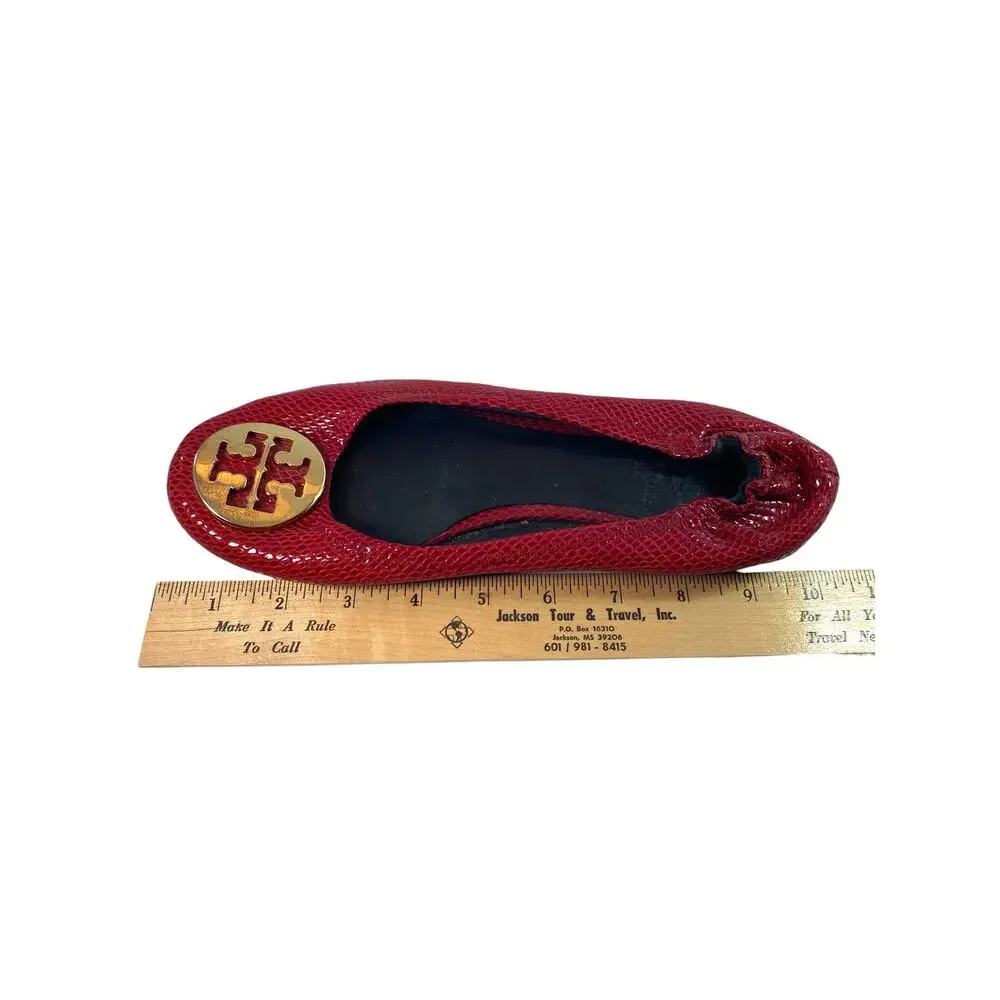 Tory Burch Red Snakeskin Reva Ballet Flats Gold Logo Medallion Elastic Size 10M